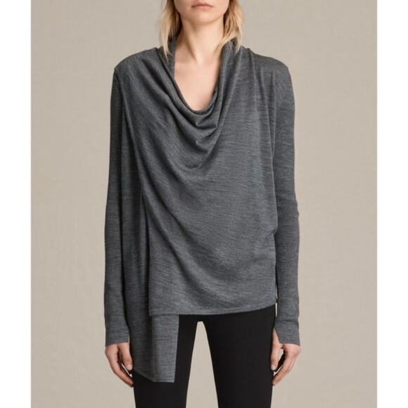 ALLSAINTS Drina Ribbed Cardigan Womens Small Heather Gray Merino Wool Zip - Picture 3 of 16